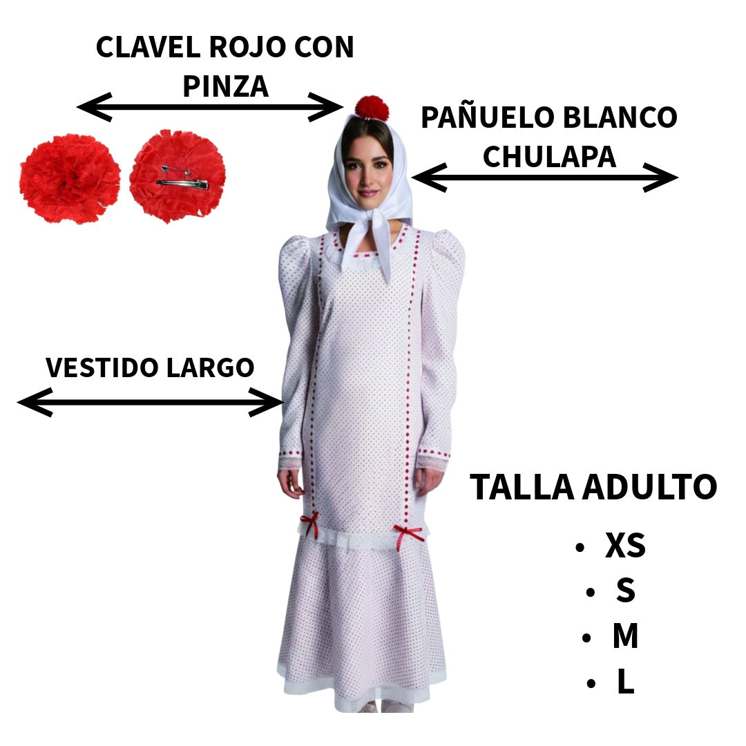 Disfraz de Chulapa Madrileña Mujer con Vestido, Pañuelo y Clavel Rojo - Traje Tradicional San Isidro Tallas XS a L