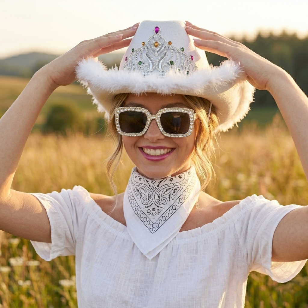 Set Vaquera Sombrero Cowgirl Blanca con Cordon Ajustable, Bandana Western Estampada Paisley y Gafas Blancas a Juego | Talla Unica Adulto Mujer | Kit Completo para Eventos