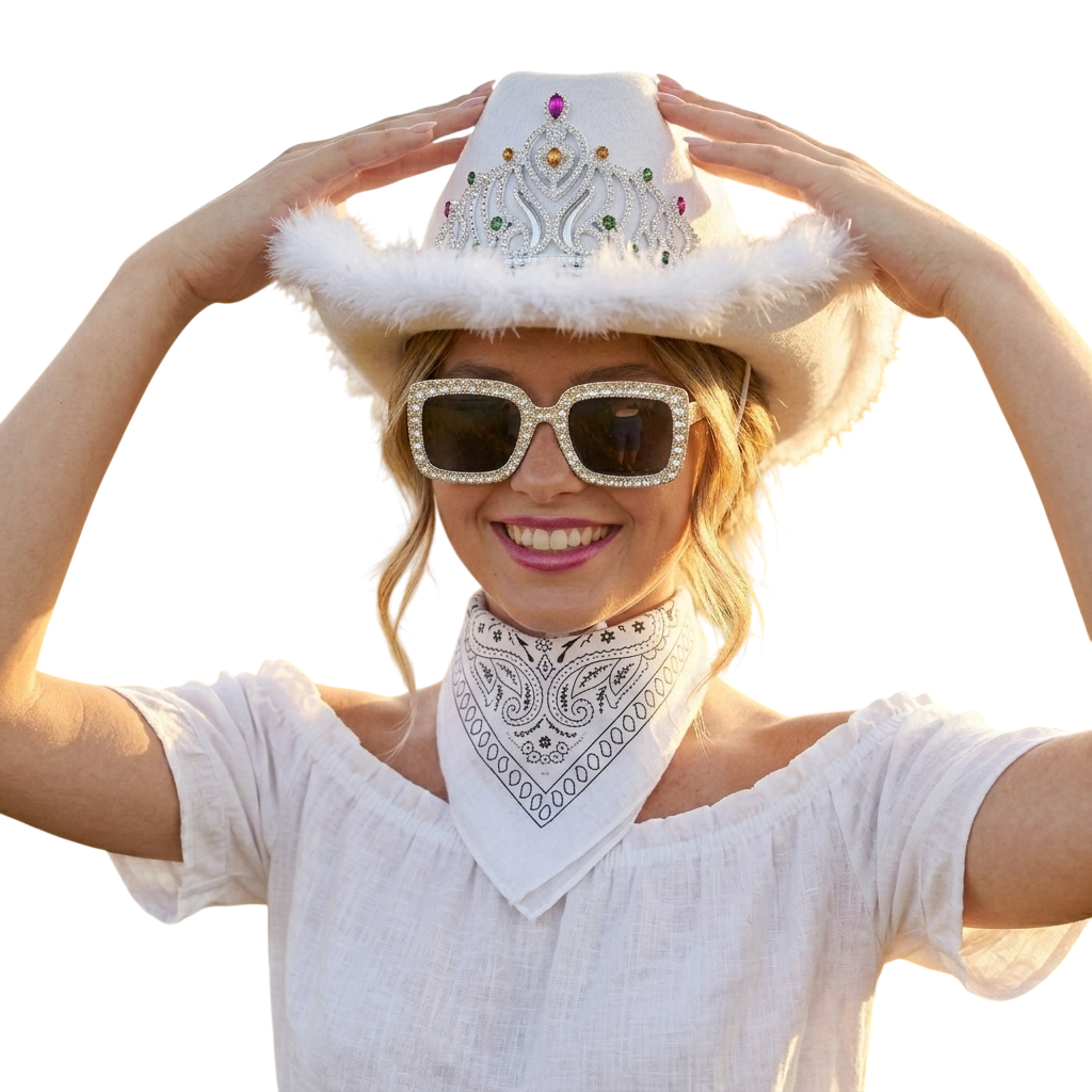 Set Vaquera Sombrero Cowgirl Blanca con Cordon Ajustable, Bandana Western Estampada Paisley y Gafas Blancas a Juego | Talla Unica Adulto Mujer | Kit Completo para Eventos