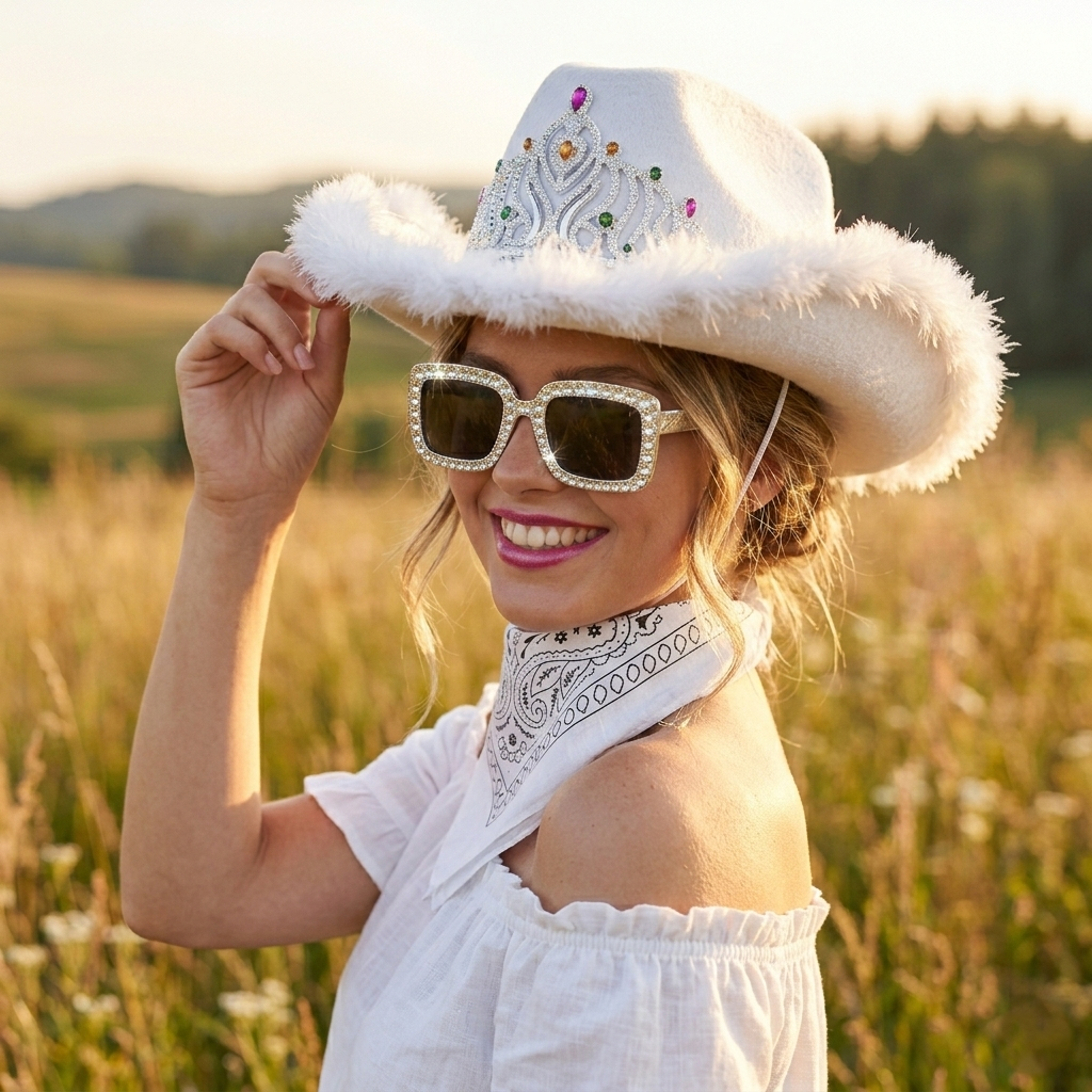 Set Vaquera Sombrero Cowgirl Blanca con Cordon Ajustable, Bandana Western Estampada Paisley y Gafas Blancas a Juego | Talla Unica Adulto Mujer | Kit Completo para Eventos