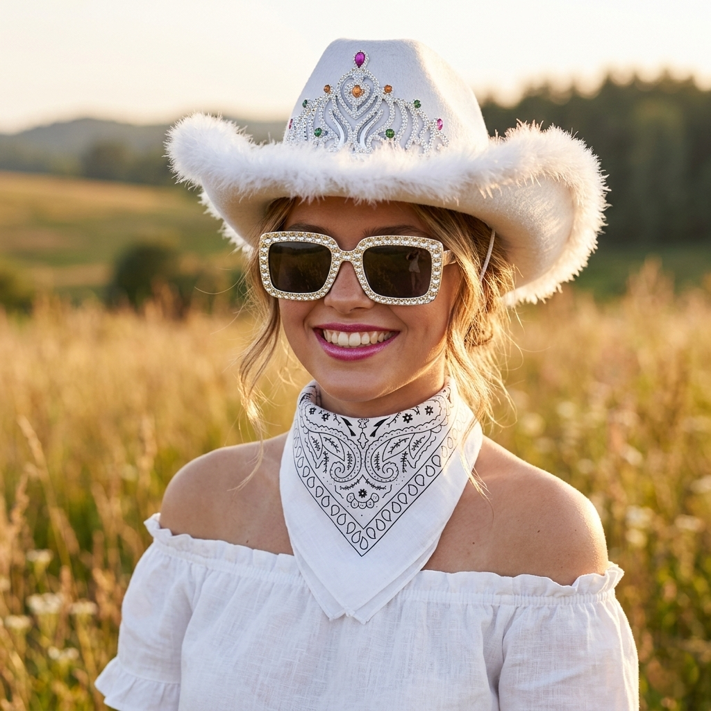 Set Vaquera Sombrero Cowgirl Blanca con Cordon Ajustable, Bandana Western Estampada Paisley y Gafas Blancas a Juego | Talla Unica Adulto Mujer | Kit Completo para Eventos