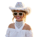 Set Vaquera Sombrero Cowgirl Blanca con Cordon Ajustable, Bandana Western Estampada Paisley y Gafas Blancas a Juego | Talla Unica Adulto Mujer | Kit Completo para Eventos