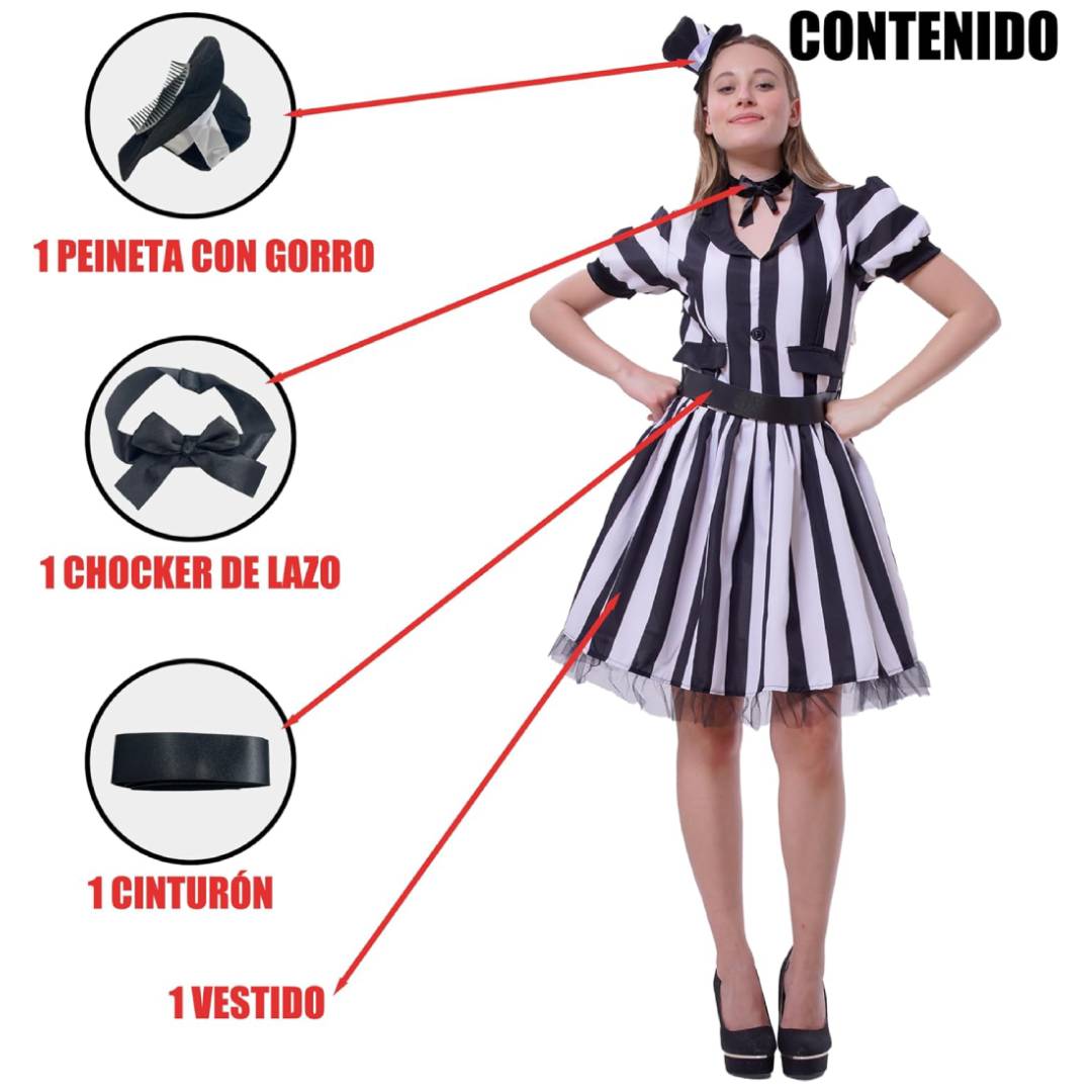 Disfraz de Rayas Blanco y Negro para Mujer - Vestido Temático de Cine y Fantasía con Accesorios - Tallas S M L