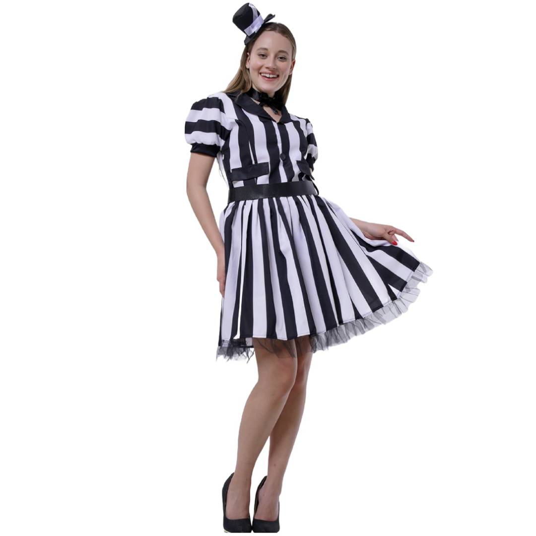 Disfraz de Rayas Blanco y Negro para Mujer - Vestido Temático de Cine y Fantasía con Accesorios - Tallas S M L