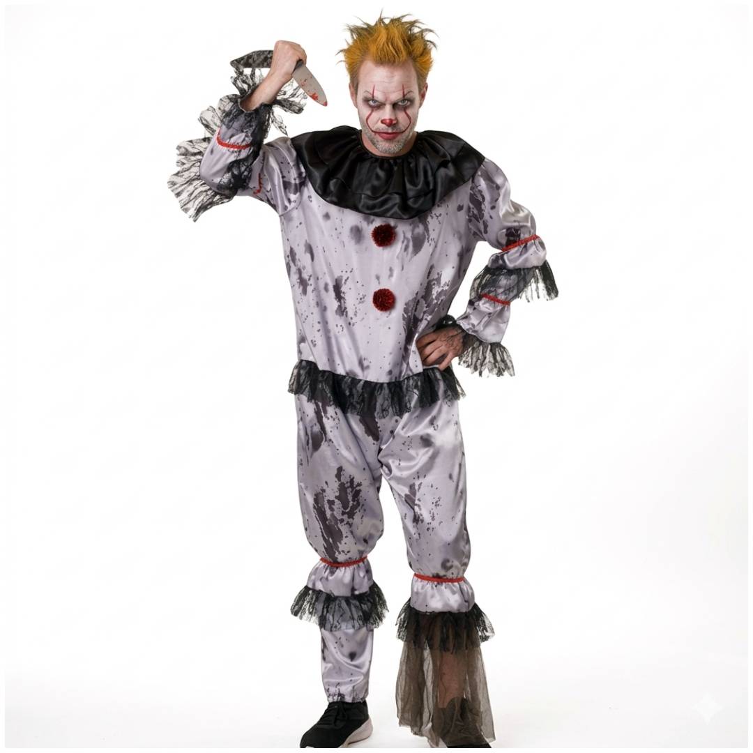 Disfraz de Payaso Siniestro Adulto - Mono Enterizo con Sangre Falsa para Halloween y Carnaval - Tallas M, L, XL