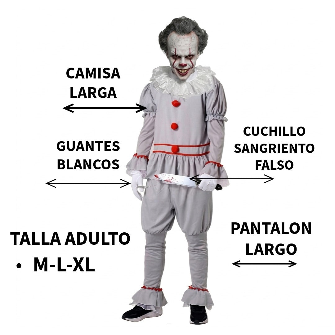 Disfraz de Payaso Asesino Terror para Adulto - Conjunto Completo con Camisa, Pantalón, Guantes y Cuchillo - Talla M-XL
