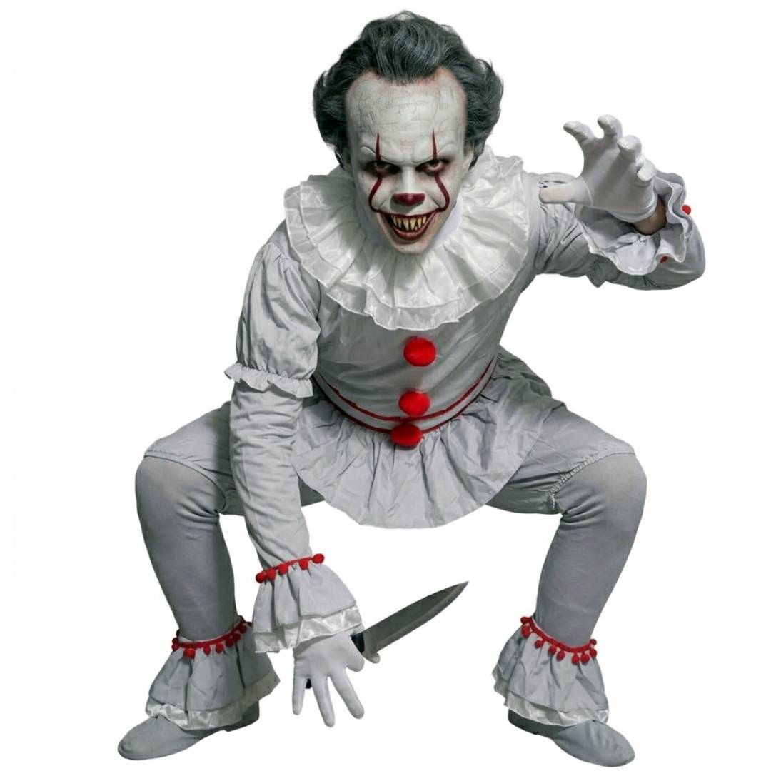Disfraz de Payaso Asesino Terror para Adulto - Conjunto Completo con Camisa, Pantalón, Guantes y Cuchillo - Talla M-XL