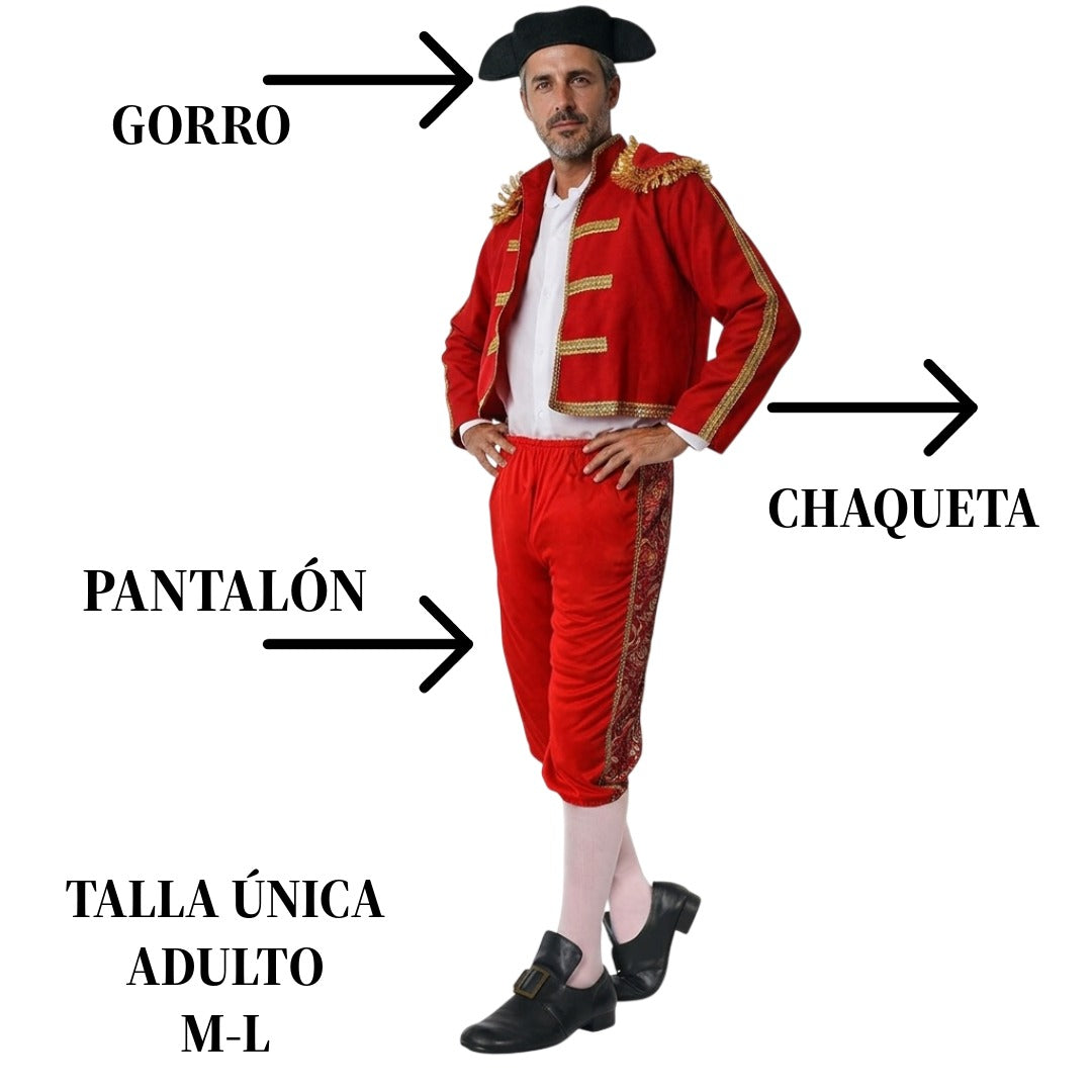 Disfraz de Torero Adulto Talla Única M-L | Traje de Luces Rojo con Gorro y Chaqueta para Carnaval y Fiestas