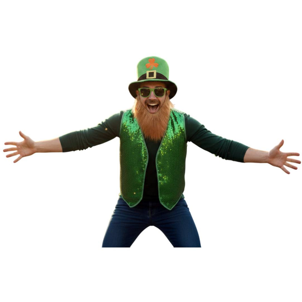 Pack San Patricio: Disfraz Irlandés con Chaleco Verde de Lentejuelas, Sombrero, Barba y Gafas - Tallas S a XXL