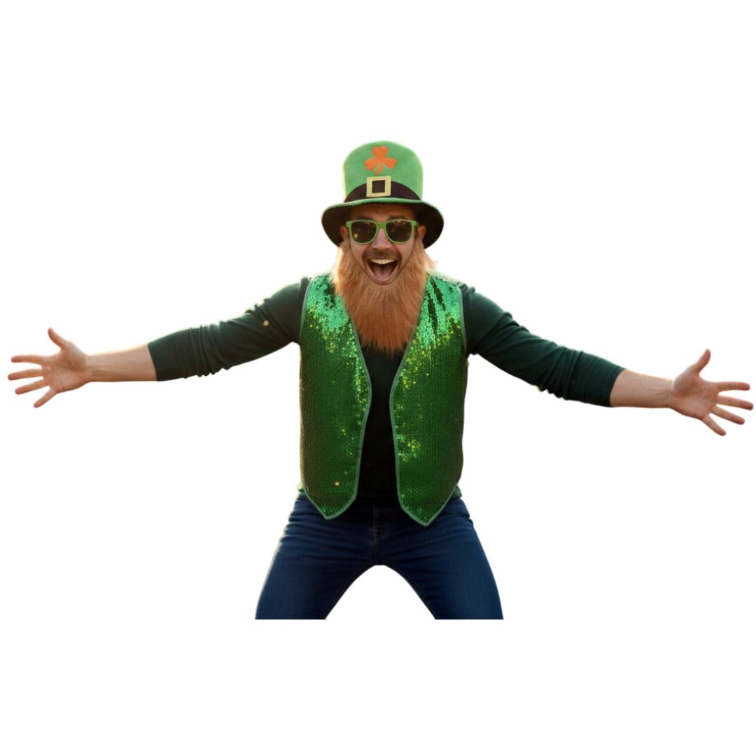 Pack San Patricio: Disfraz Irlandés con Chaleco Verde de Lentejuelas, Sombrero, Barba y Gafas - Tallas S a XXL