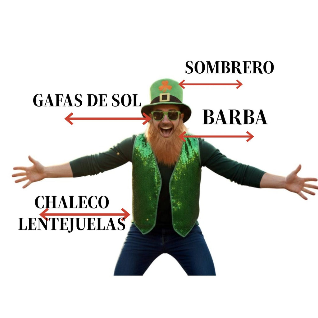 Pack San Patricio: Disfraz Irlandés con Chaleco Verde de Lentejuelas, Sombrero, Barba y Gafas - Tallas S a XXL