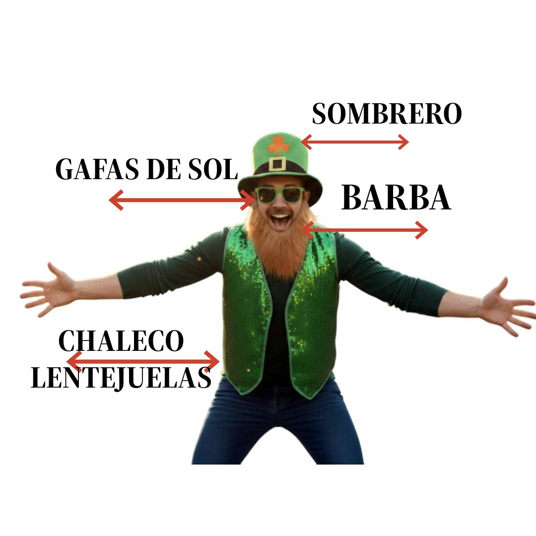 Pack San Patricio: Disfraz Irlandés con Chaleco Verde de Lentejuelas, Sombrero, Barba y Gafas - Tallas S a XXL