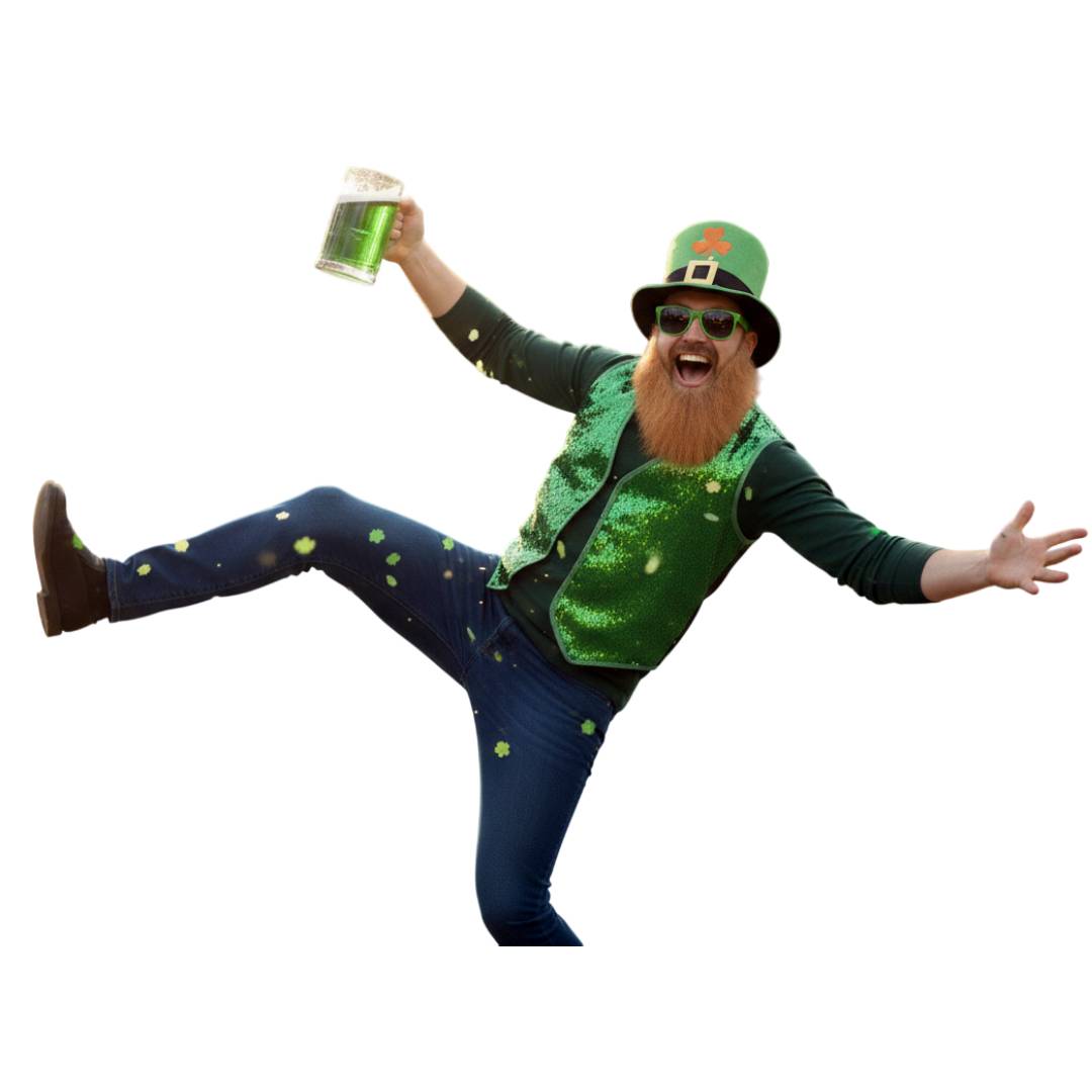 Pack San Patricio: Disfraz Irlandés con Chaleco Verde de Lentejuelas, Sombrero, Barba y Gafas - Tallas S a XXL