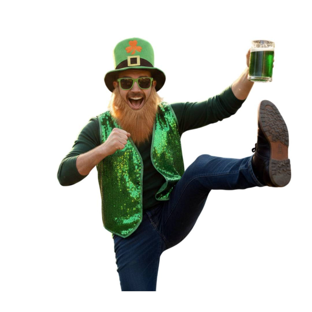 Pack San Patricio: Disfraz Irlandés con Chaleco Verde de Lentejuelas, Sombrero, Barba y Gafas - Tallas S a XXL