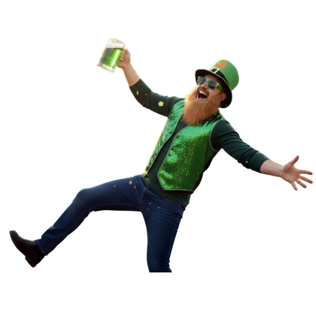 Pack San Patricio: Disfraz Irlandés con Chaleco Verde de Lentejuelas, Sombrero, Barba y Gafas - Tallas S a XXL