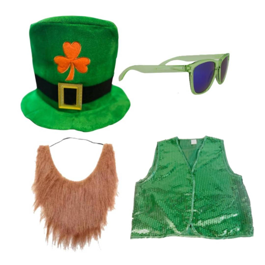 Pack San Patricio: Disfraz Irlandés con Chaleco Verde de Lentejuelas, Sombrero, Barba y Gafas - Tallas S a XXL