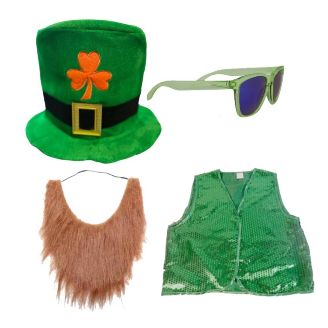Pack San Patricio: Disfraz Irlandés con Chaleco Verde de Lentejuelas, Sombrero, Barba y Gafas - Tallas S a XXL