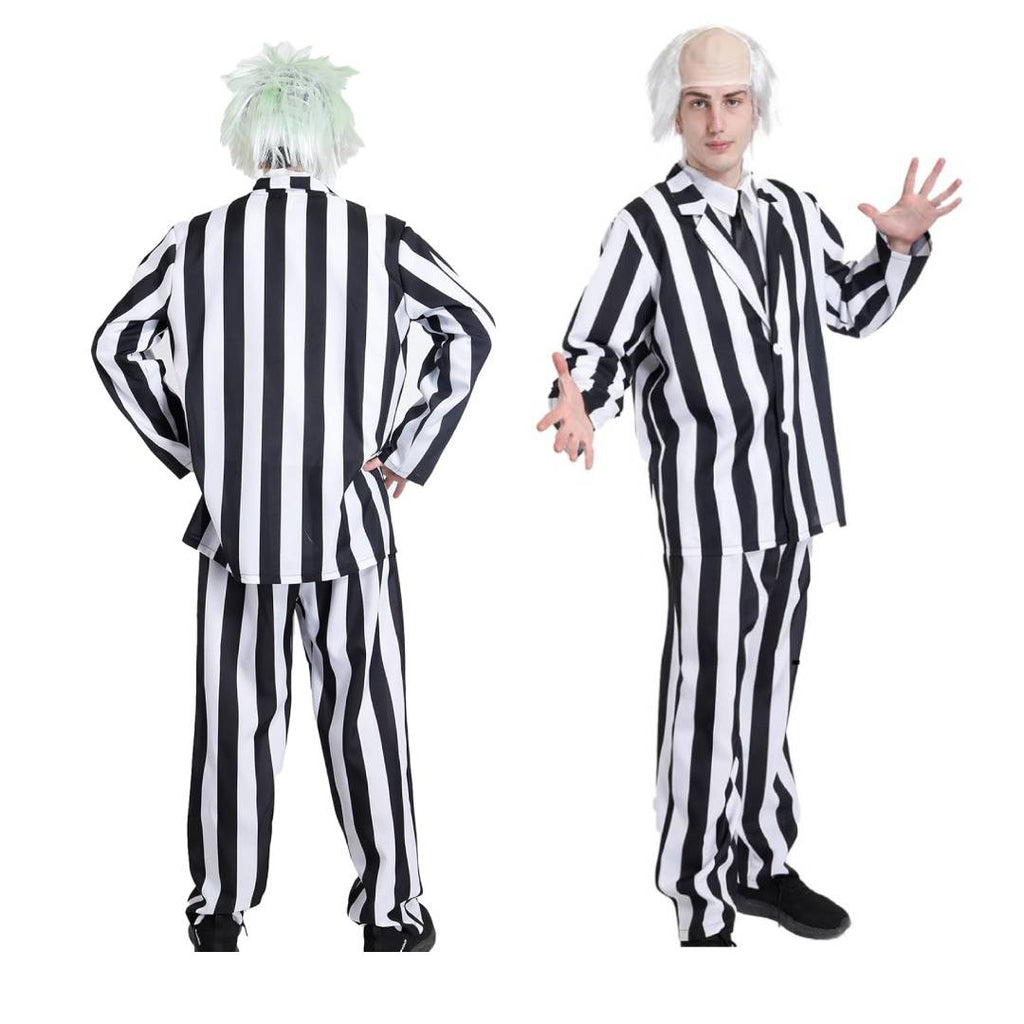 Disfraz de Fantasma a Rayas para Hombre: Traje de Carnaval y Halloween con Peluca, Tallas M-XL, Set Completo 3 Piezas