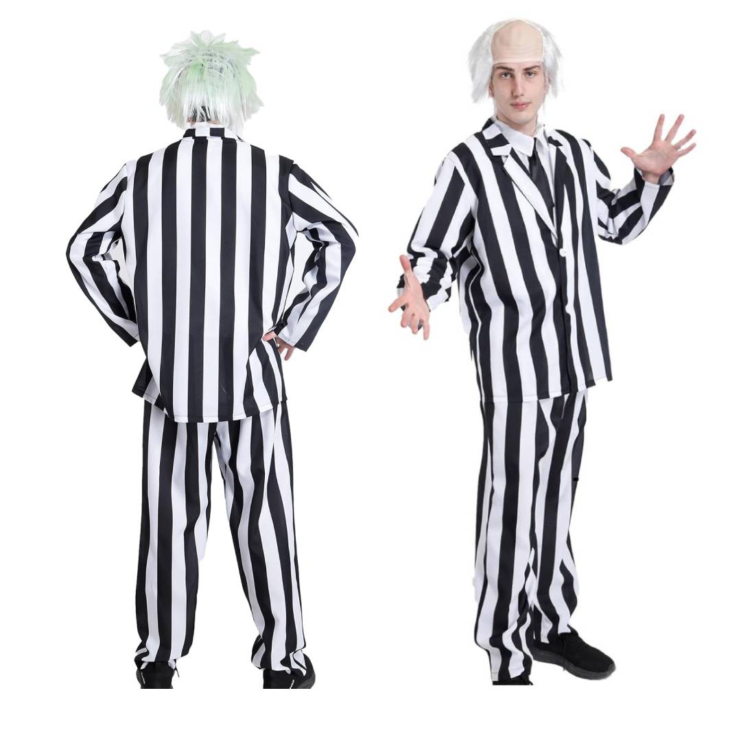 Disfraz de Fantasma a Rayas para Hombre: Traje de Carnaval y Halloween con Peluca, Tallas M-XL, Set Completo 3 Piezas