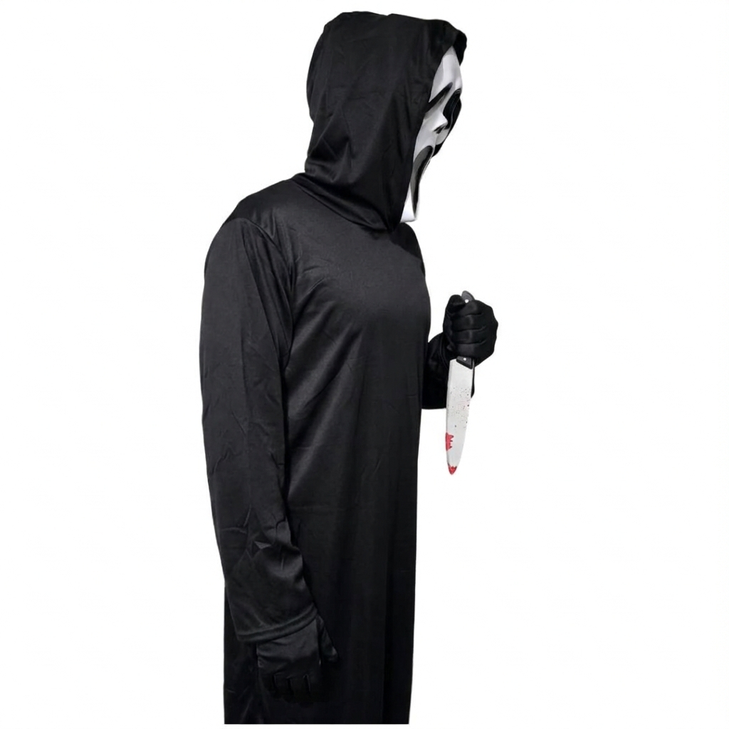 Disfraz de Fantasma del Terror para Niños - Incluye Túnica con Capucha, Máscara de Grito, Guantes y Cuchillo de Juguete - Kit Completo de Villano para Halloween, Carnaval y Fiestas Temáticas (Tallas 3-12 Años)