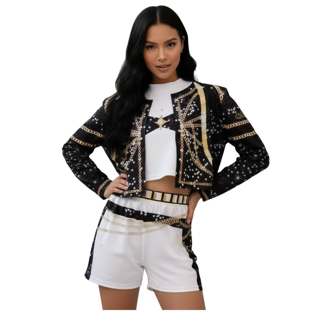Disfraz de Estrella Pop para Mujer Conjunto 3 Piezas Chaqueta Brillante Top y Pantalón Corto Talla Única S/M Fiesta