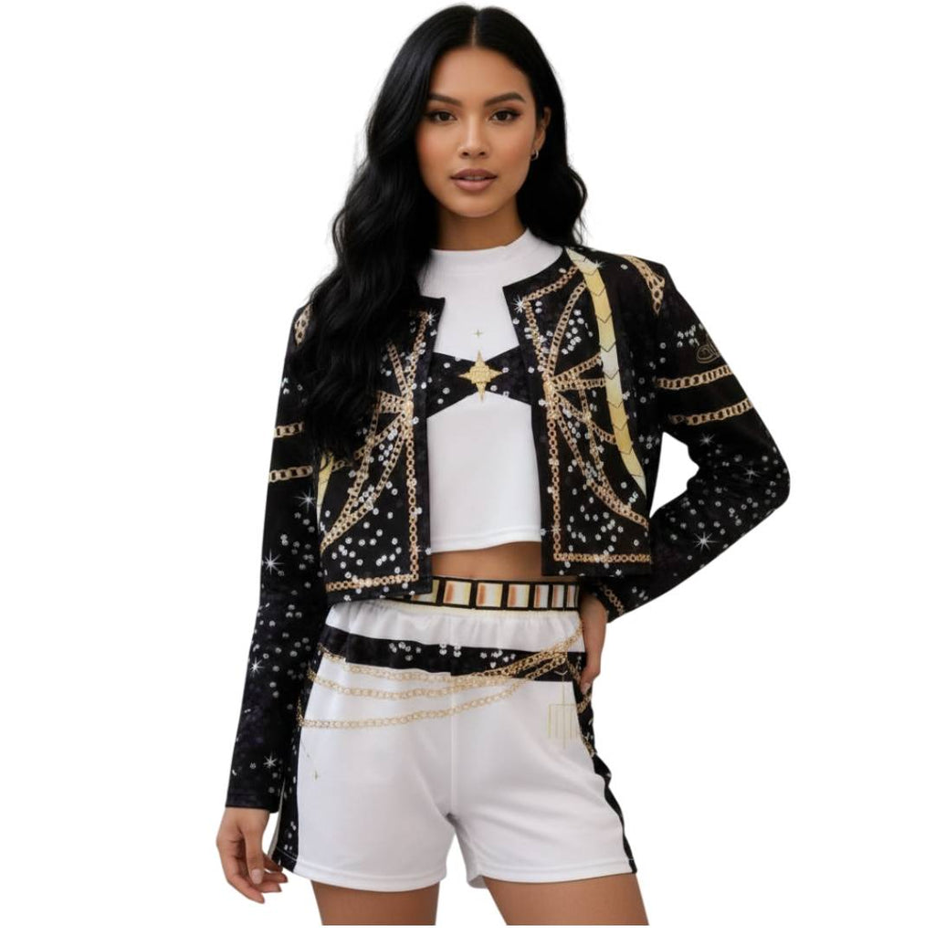 Disfraz de Estrella Pop para Mujer Conjunto 3 Piezas Chaqueta Brillante Top y Pantalón Corto Talla Única S/M Fiesta