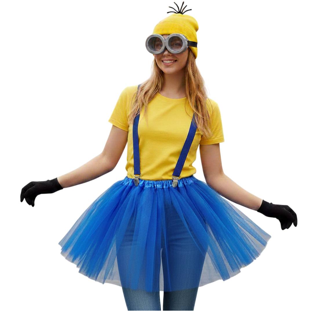 Set de Disfraz Amarillo y Azul para Mujer: Tutú 40cm, Gafas de Goggles, Gorro, Tirantes y Guantes - Kit Fiesta 5 Pzs