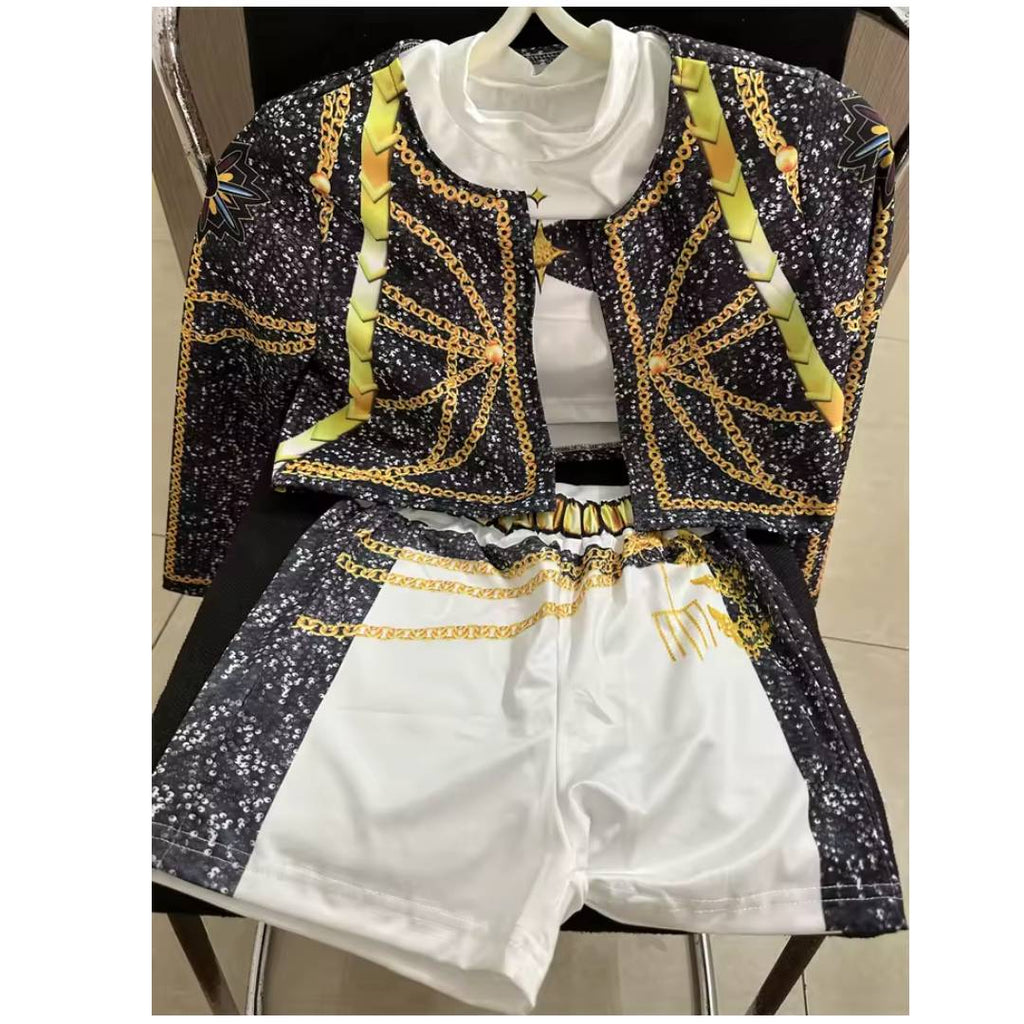 Disfraz de Estrella Pop para Mujer Conjunto 3 Piezas Chaqueta Brillante Top y Pantalón Corto Talla Única S/M Fiesta