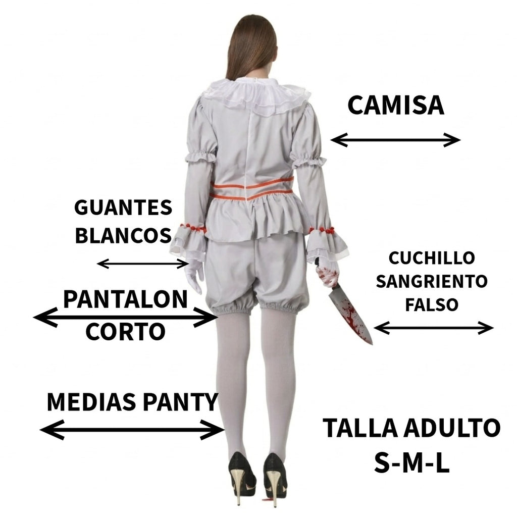Disfraz de Payaso Siniestro para Mujer | Traje Adulto Gris de Terror con Pompones Rojos para Halloween y Carnaval
