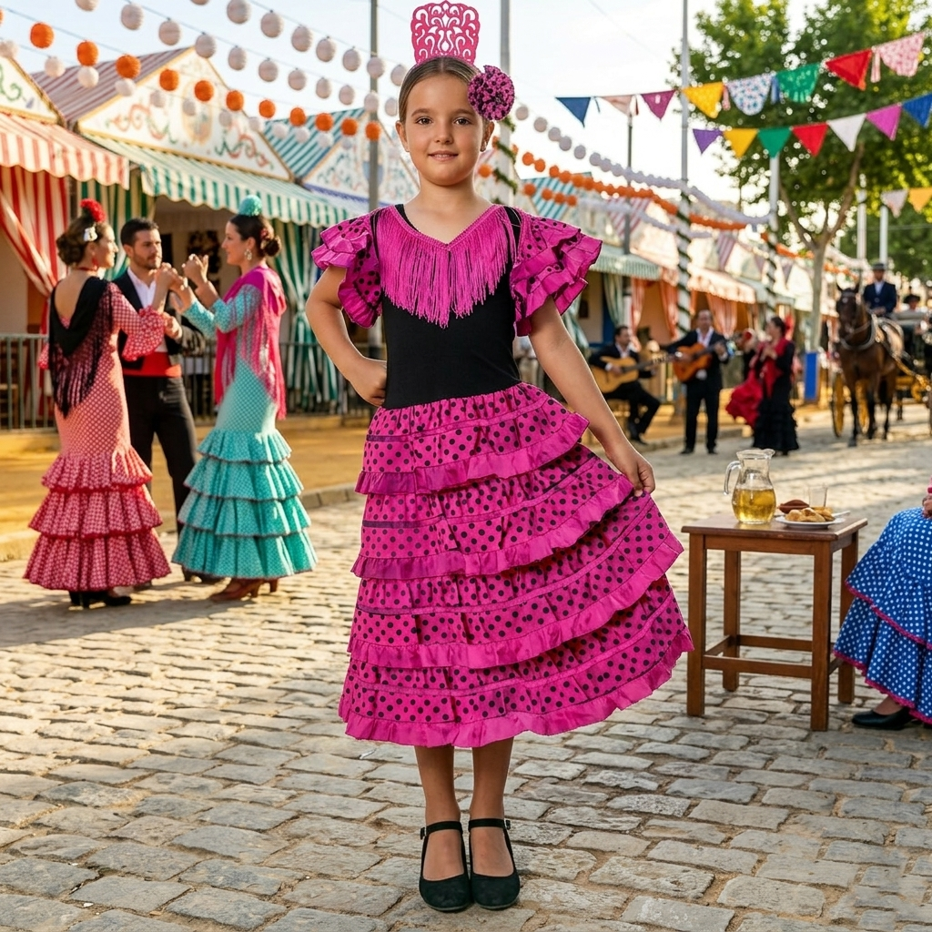 Vestido Flamenca Niña Fucsia y Negro - Traje de Sevillana con Flor y Peineta - Disfraz Feria y Carnaval (Tallas 1-12 Años)