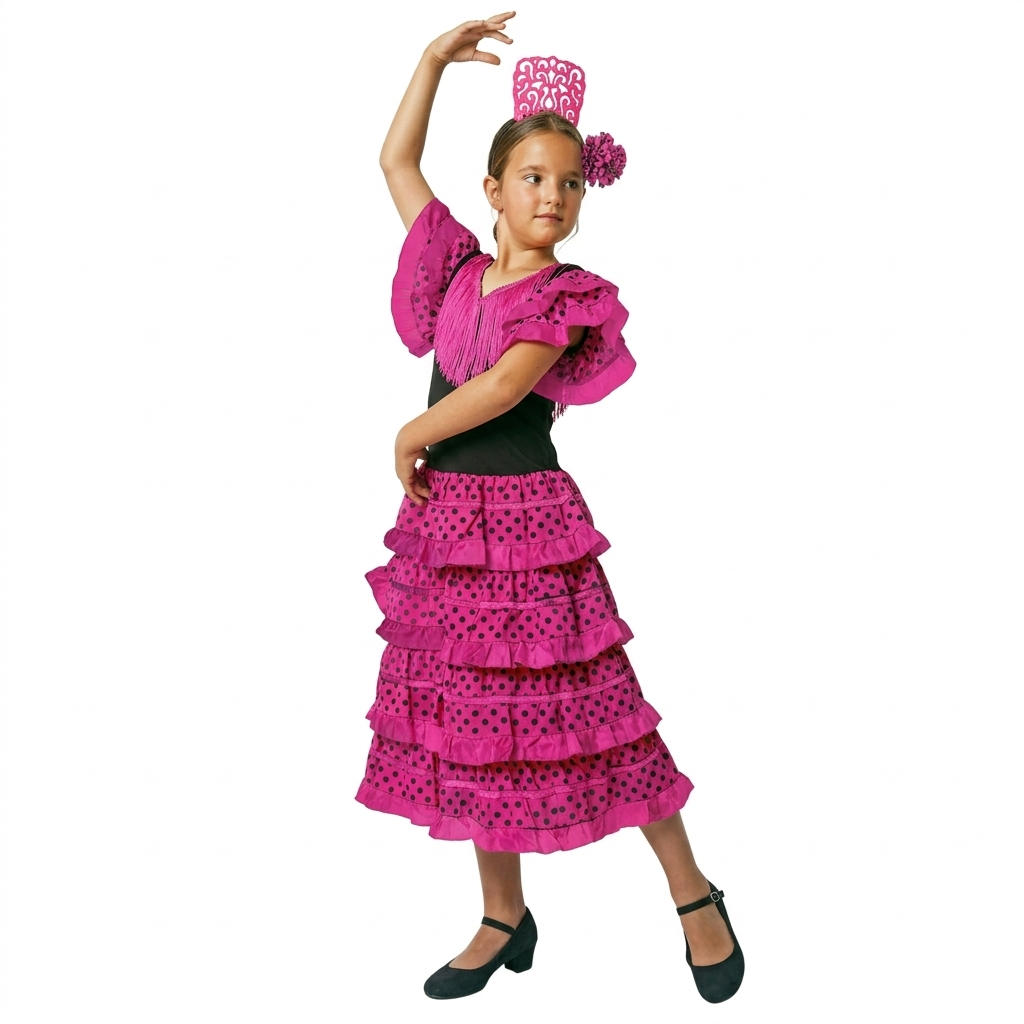 Vestido Flamenca Niña Fucsia y Negro - Traje de Sevillana con Flor y Peineta - Disfraz Feria y Carnaval (Tallas 1-12 Años)