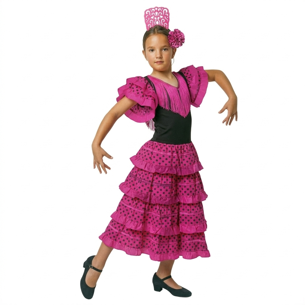 Vestido Flamenca Niña Fucsia y Negro - Traje de Sevillana con Flor y Peineta - Disfraz Feria y Carnaval (Tallas 1-12 Años)
