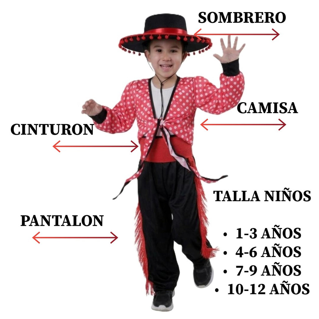 Disfraz de Bailarín Cordobés Infantil Traje Flamenco con Sombrero y Fajín  1-12 Años