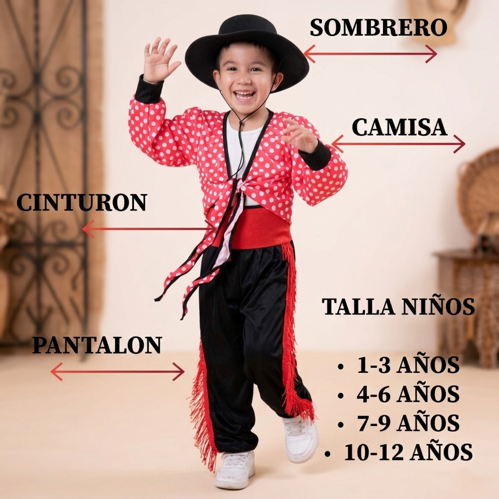 Disfraz de Bailarín Flamenco Infantil Completo con Sombrero y Fajín - Traje Regional Cordobés para Niños de 1 a 12 Años