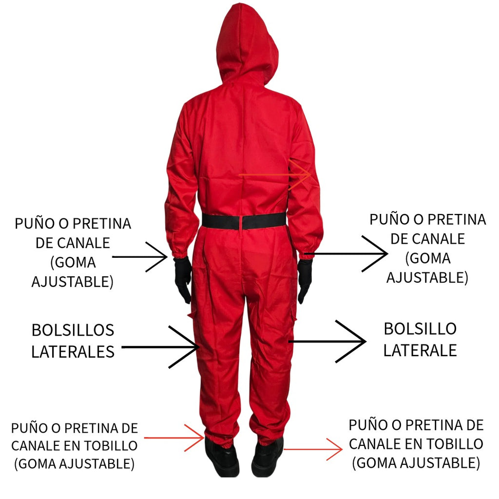 Mono Rojo de Supervivencia Adulto - Traje de Vigilante con Accesorios Negros - Disfraz de Grupo para Fiestas de Disfraces y Cosplay