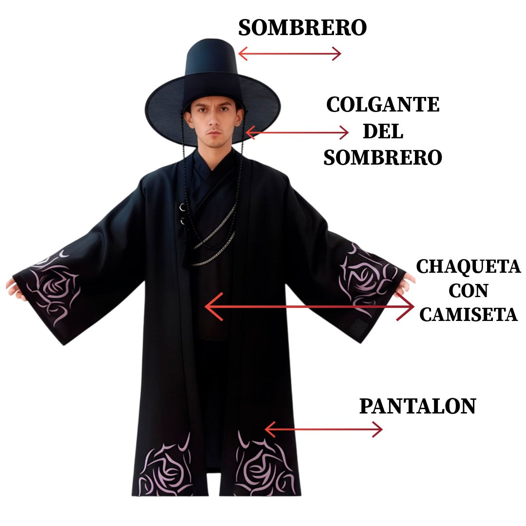 Disfraz K-Pop Idol Guerrero Coreano para Hombre - Túnica Negra con Sombrero Gat y Colgante - Talla Adulto M/L