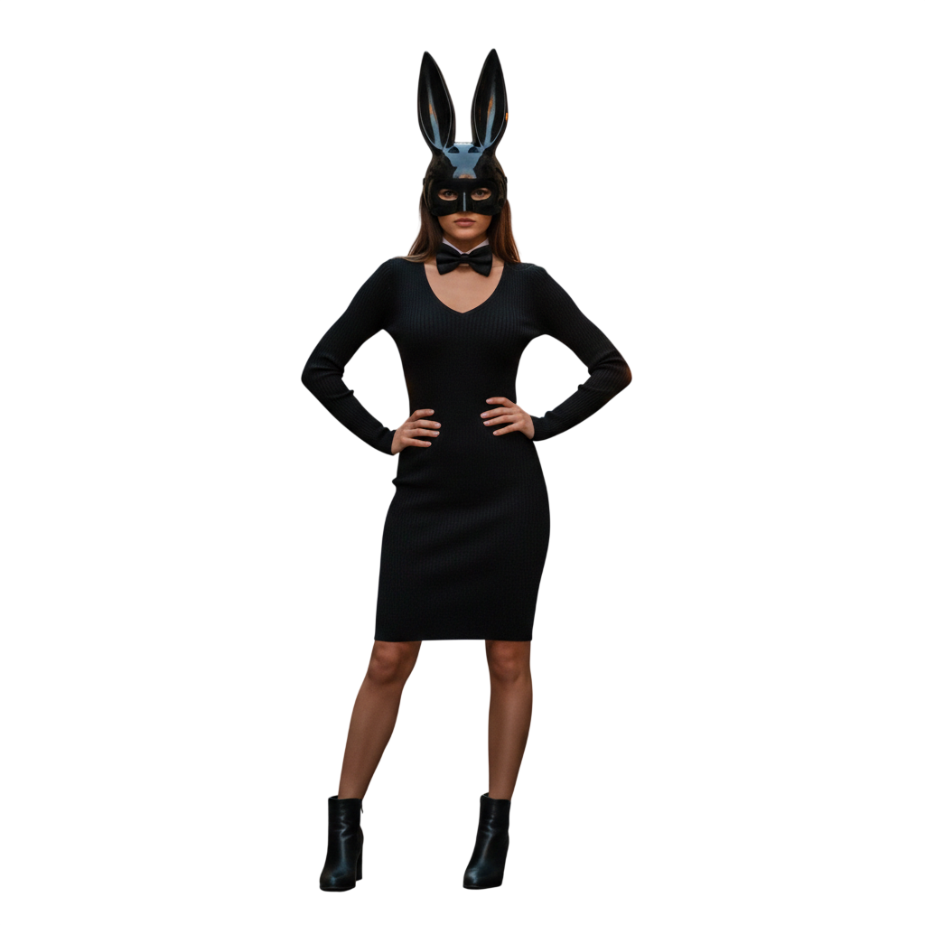 Disfraz Coneja Sexy Mujer - Vestido Negro para la Noche, Máscara y Pajarita - Show Baile, Halloween y Carnaval