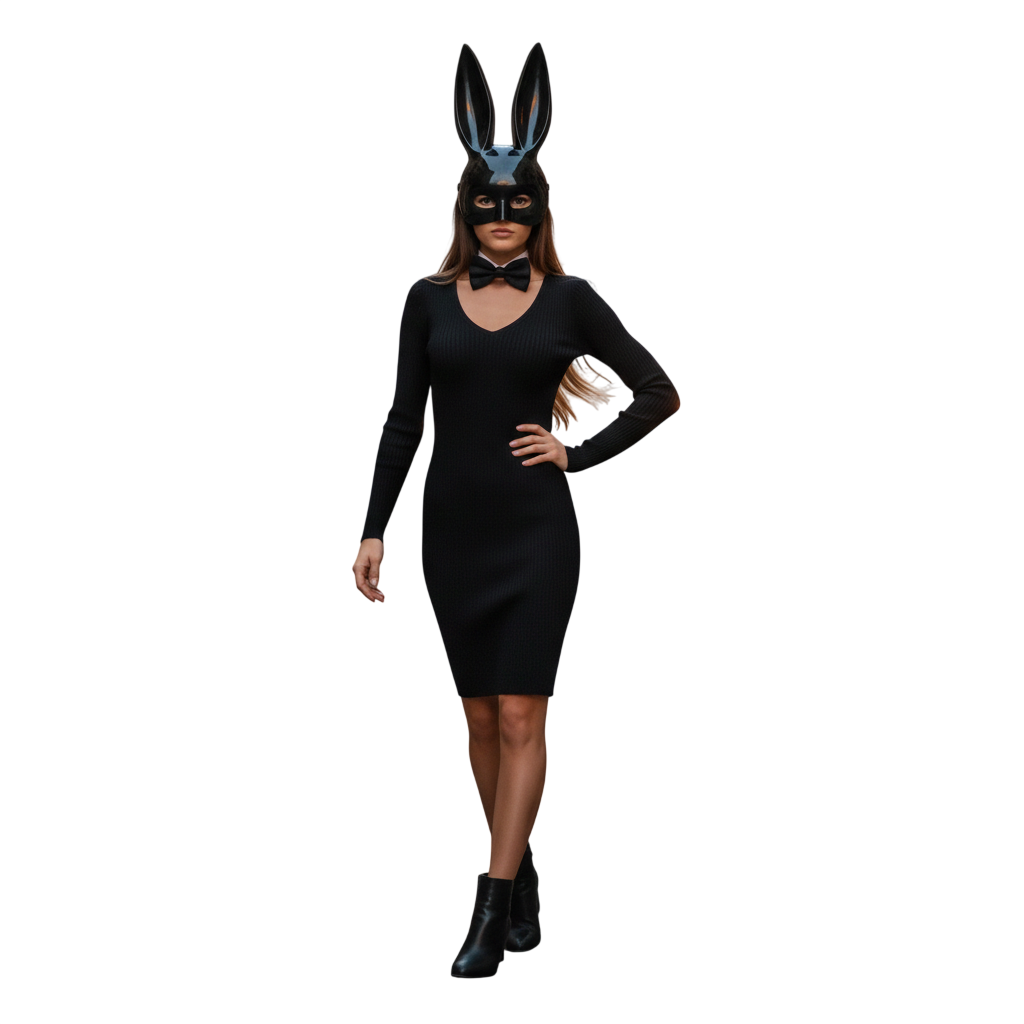 Disfraz Coneja Sexy Mujer - Vestido Negro para la Noche, Máscara y Pajarita - Show Baile, Halloween y Carnaval