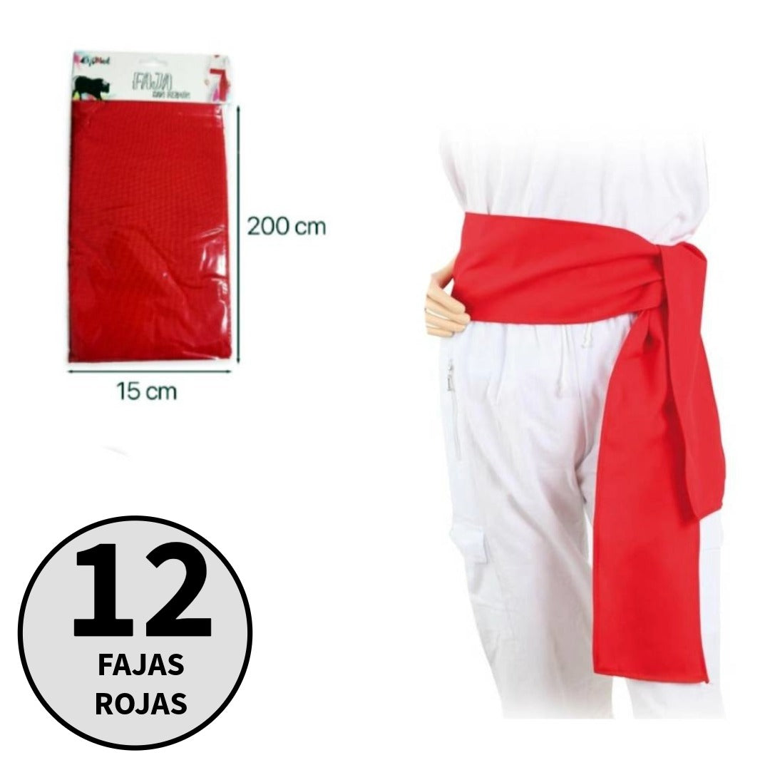 Pack 12 Fajas Rojas San Fermín (200x15cm) | Fajín Tradicional para Peñas, Carnaval y Fiestas | Poliéster Premium Reutilizable