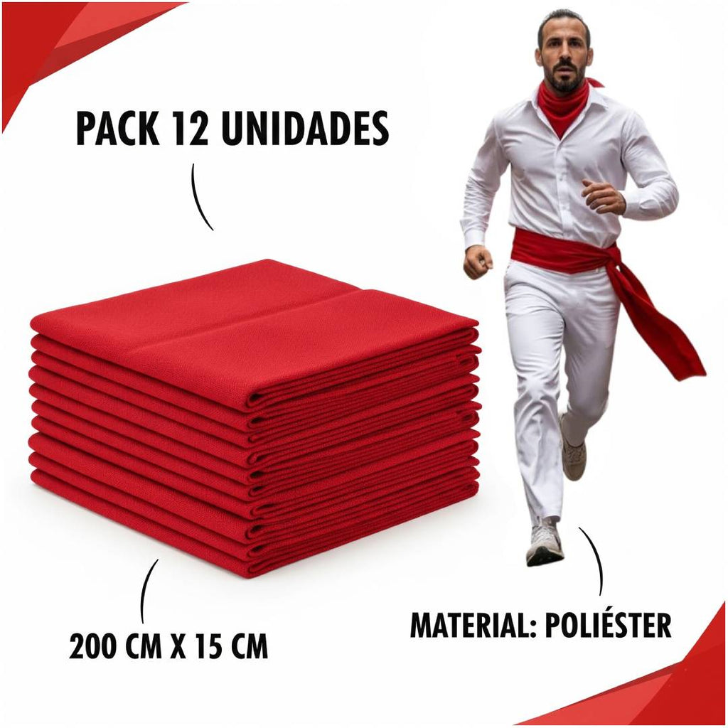 Pack 12 Fajas Rojas San Fermín (200x15cm) | Fajín Tradicional para Peñas, Carnaval y Fiestas | Poliéster Premium Reutilizable