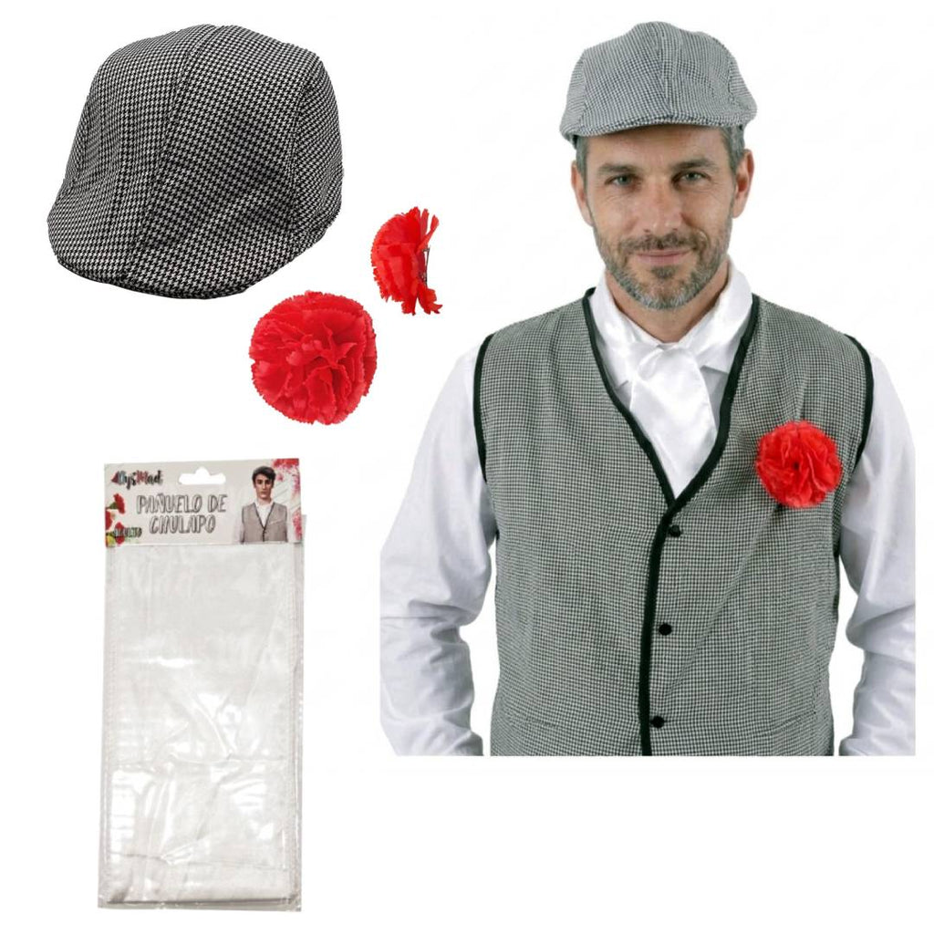 Disfraz de Chulapo Madrid Hombre Adulto 4 Piezas - Chaleco, Gorra Parpusa, Pañuelo y Clavel Rojo - San Isidro y Carnaval