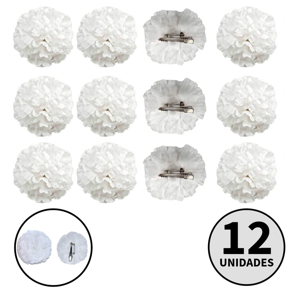 Pack 12 Claveles Blancos con Pinza para Chulapo San Isidro, Feria de Abril, Bodas y Disfraces - Flores Artificiales Tela