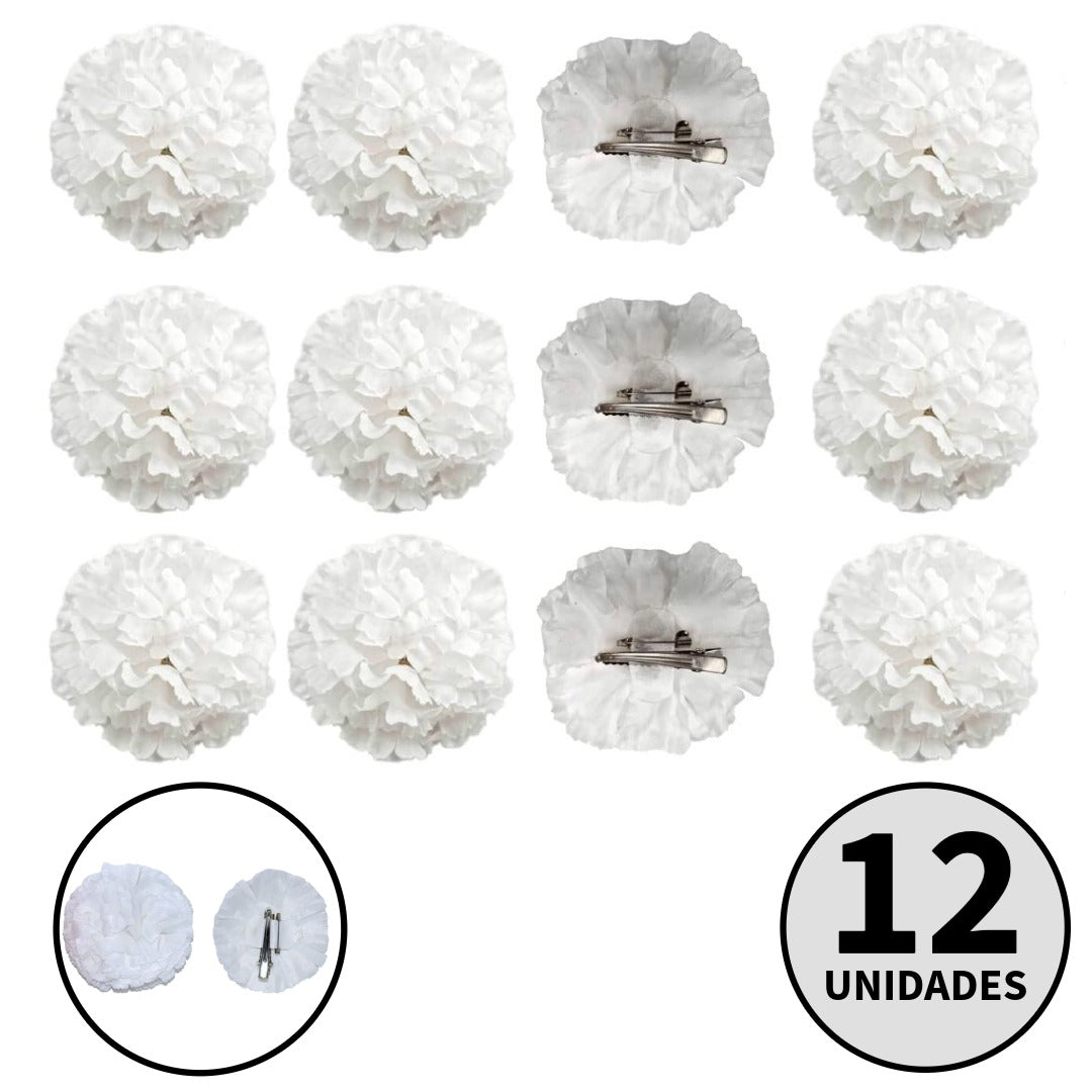 Pack 12 Claveles Blancos con Pinza para Chulapo San Isidro, Feria de Abril, Bodas y Disfraces - Flores Artificiales Tela