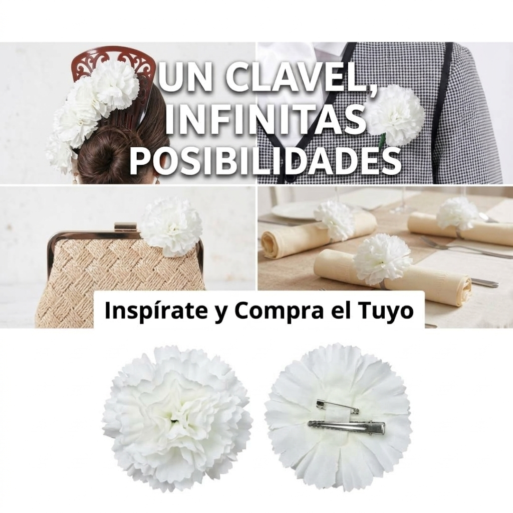Pack 12 Claveles Blancos con Pinza para Chulapo San Isidro, Feria de Abril, Bodas y Disfraces - Flores Artificiales Tela