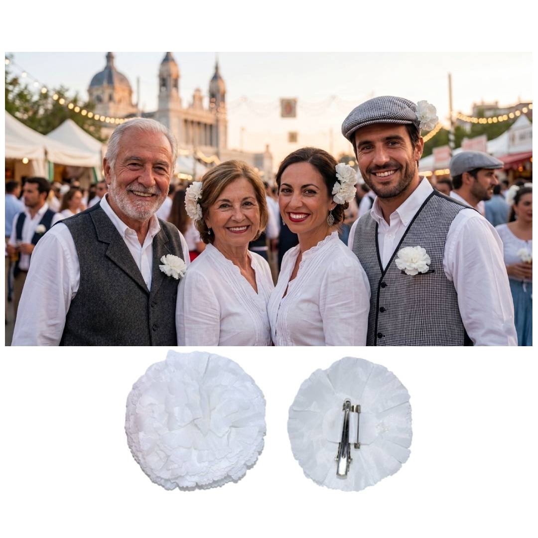Pack 12 Claveles Blancos con Pinza para Chulapo San Isidro, Feria de Abril, Bodas y Disfraces - Flores Artificiales Tela