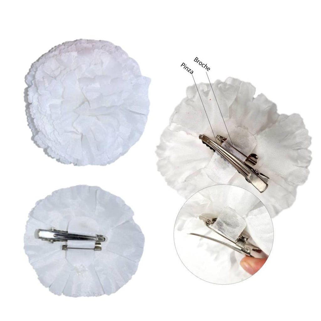 Pack 12 Claveles Blancos con Pinza para Chulapo San Isidro, Feria de Abril, Bodas y Disfraces - Flores Artificiales Tela
