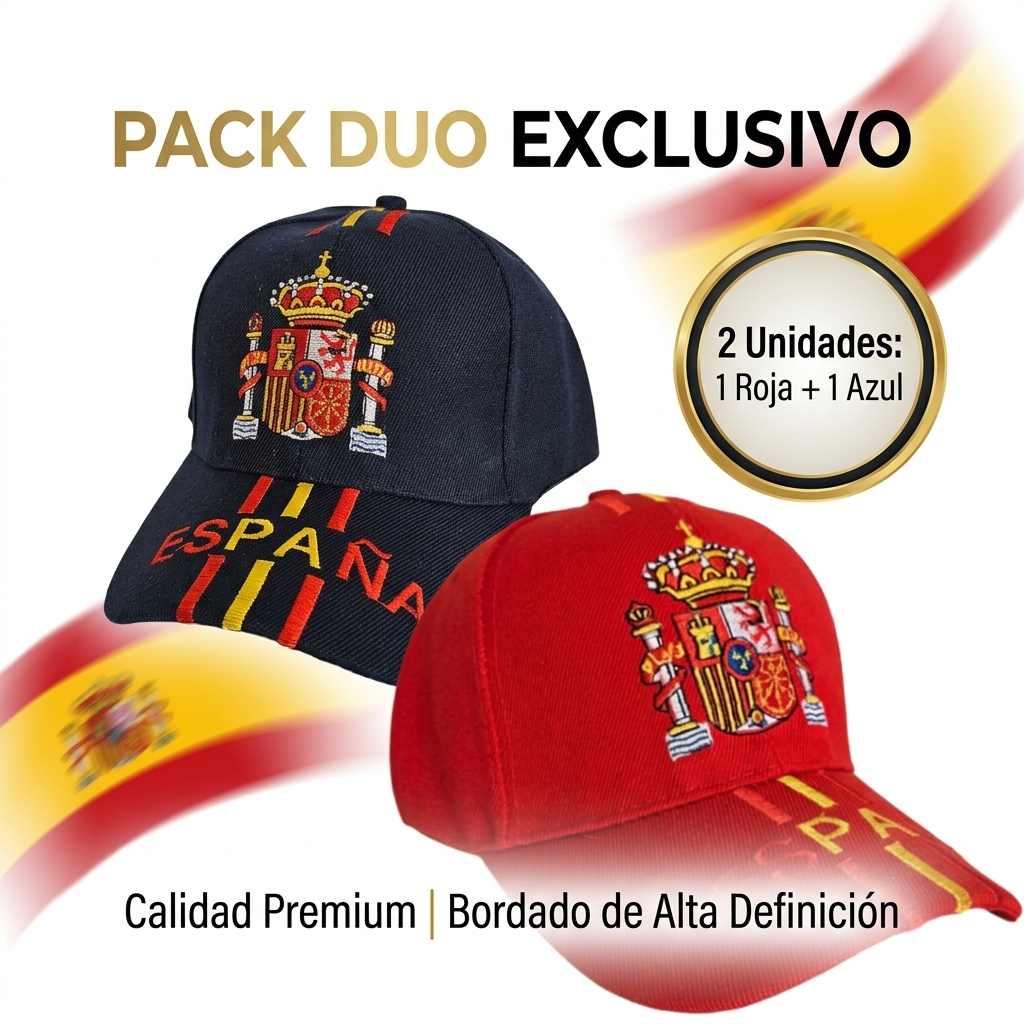 Pack 2 Gorras España – Azul y Roja | Gorra Adulto Bordada Bandera España Escudo Real | Ajustable, Transpirable y Unisex | Ideal Eventos Deportivos