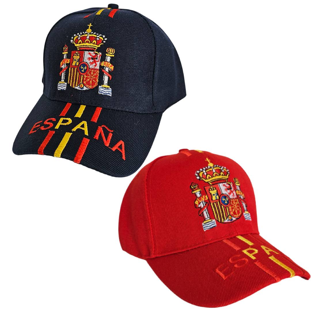 Pack 2 Gorras España – Azul y Roja | Gorra Adulto Bordada Bandera España Escudo Real | Ajustable, Transpirable y Unisex | Ideal Eventos Deportivos