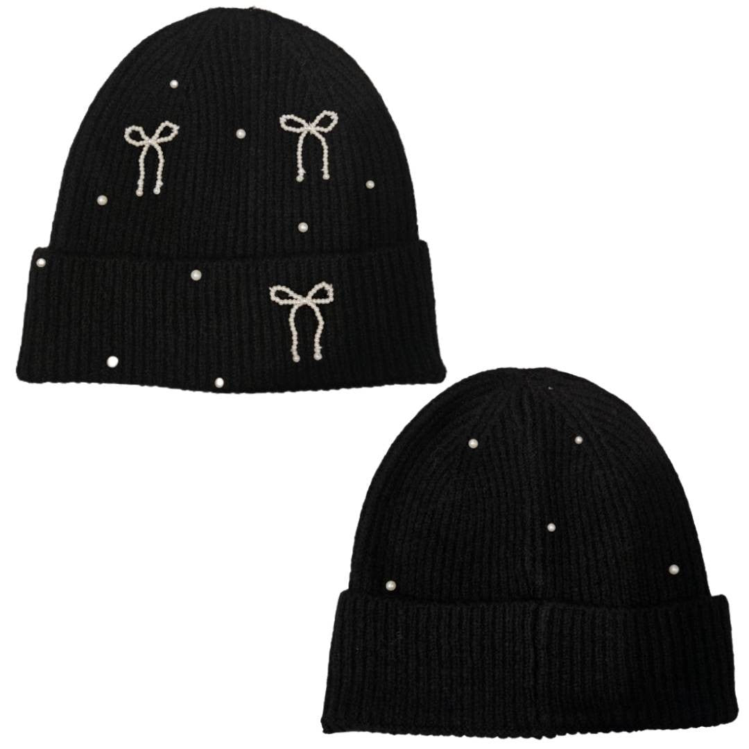 Pack Duo "Pearl & Bow" Beanie – La Colección Coquette – Negro, Off-White.