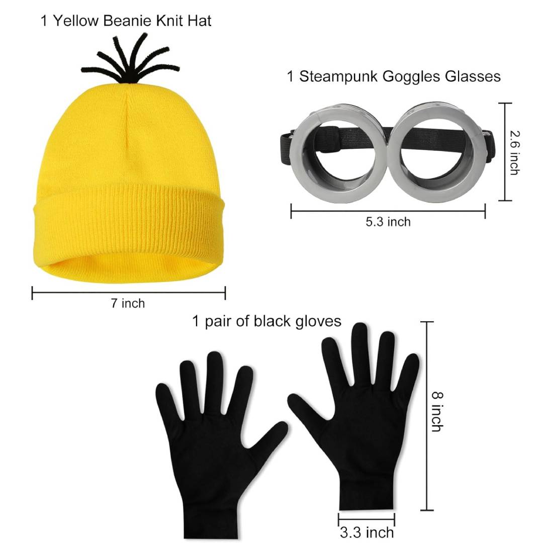Kit Accesorios Disfraz Amarillo Adulto: Gorro, Gafas, Tirantes y Guantes - Set 4 Piezas para Carnaval y Halloween